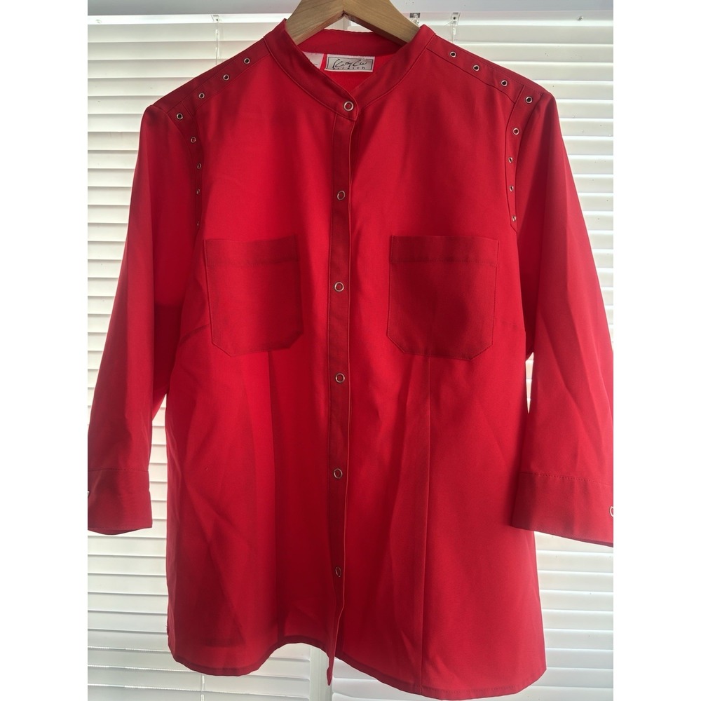 Kathy Che Stretch Red Shirt Jacket Grommet Detail Snap Women's 16 3/4 Sleeve